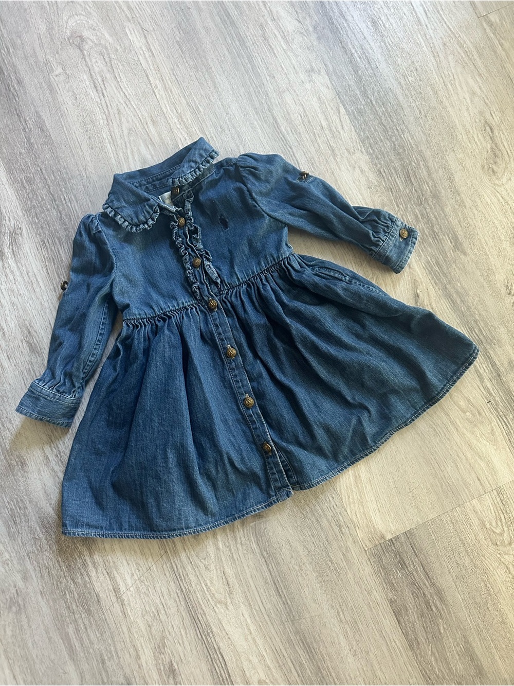Ralph Lauren Denim Blue Ruffled Collar Button-Front Kids Dress